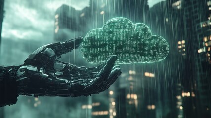 Robot hand holding a digital cloud in a rainy, futuristic cityscape. Tech.