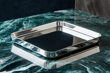 Leinwandbilder - Elegant stainless steel tray on a green marble surface reflecting light in a minimalist setting