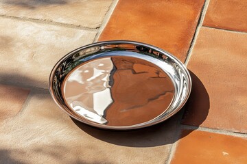 Poster - Reflective metal tray resting on a sunlit terracotta floor creating artistic patterns in the afternoon light