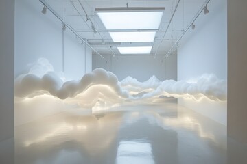 Leinwandbilder - Modern art installation featuring illuminated clouds in a minimalist gallery setting