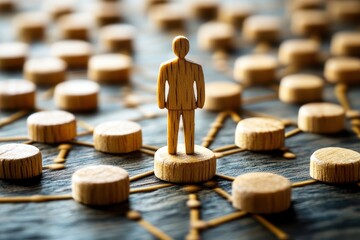 Wall Mural - wooden figure standing on a network of circles symbolizing connections, relationships, and social in