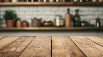 Aufkleber - Empty rustic wooden tabletop in front of blurred workshop backdrop