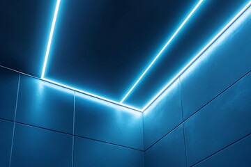 Poster - Blue Tiled Wall with Neon Lights in Corner, Modern Architecture, Abstract Design