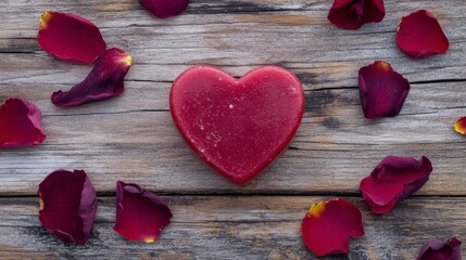 Aufkleber - Red heart-shaped candle surrounded by rose petals on rustic wood.