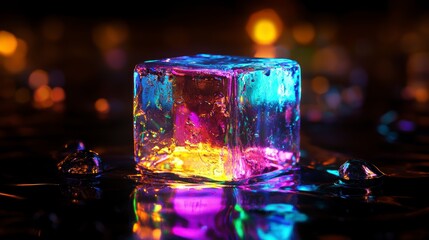 Poster - Illuminated ice cube on reflective surface with bokeh lights.
