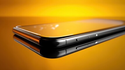 Wall Mural - sleek smartphone on reflective surface, modern design with vibrant yellow background, ideal for tech