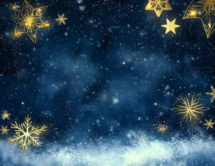 Wall Mural - Dark blue background with glowing golden lights and snowflakes, creating an enchanting atmosphere for Christmas or New Year events.