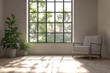 Aufkleber - Empty room with white walls, wooden floor, armchair and large window illuminating plants
