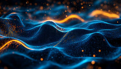 Wall Mural - Abstract glowing blue and orange waves with dots on a black background, a concept of technology, digital data, or music waves