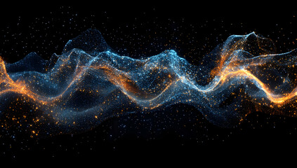 Wall Mural - abstract glowing blue and orange waves with dots on a black background, a concept of technology, dig