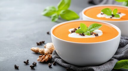 Poster - Creamy Tomato Soup in Bright Bowls with Fresh Herbs and Spices