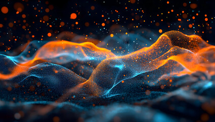Wall Mural - Abstract glowing blue and orange waves with dots on a black background, a concept of technology, digital data, or music waves