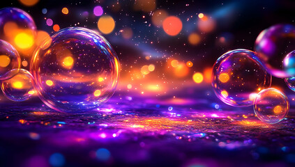 Wall Mural - dark background, glowing purple and yellow lights, twinkling stars, blurred light particles on the g