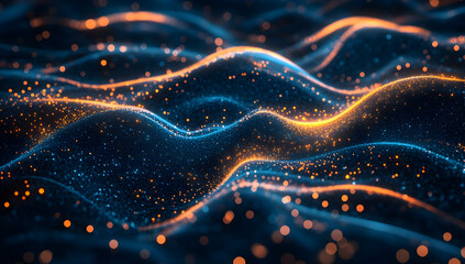 Wall Mural - Abstract glowing blue and orange waves with dots on a black background, a concept of technology, digital data, or music waves