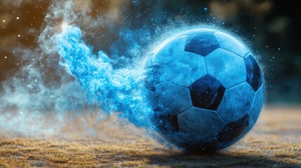 Poster - Soccer ball engulfed in blue flames, motion blur effect.