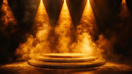 Aufkleber - Illuminated circular wooden stage with smoky atmosphere.