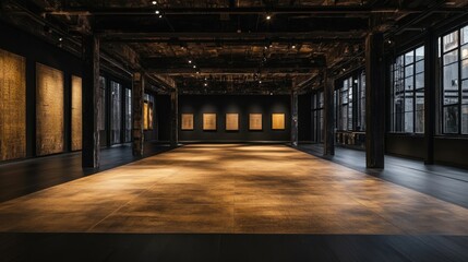 Aufkleber - Spacious industrial loft interior with polished concrete floor, exposed beams, and artwork on display.