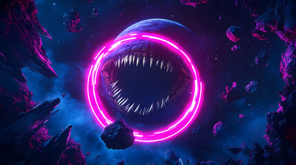 Wall Mural - Vibrant neon light ring floating around a surreal planet, surrounded by cosmic debris, a monstrous mouth with sharp teeth devouring asteroids in deep space. Devoured Light. Illustration
