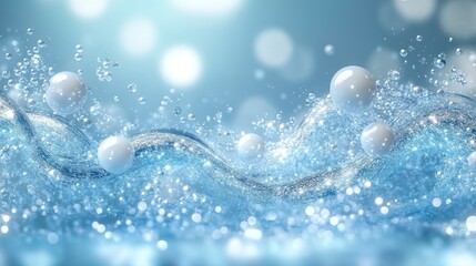 Poster - Sparkling blue water wave with floating pearls.