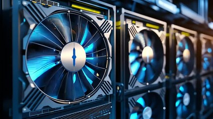 Wall Mural - close-up angle of server fans spinning, with vivid blue cooling leds casting an atmospheric glow in 