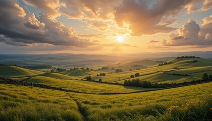  Serene Sunrise Over Rolling Green Hills with Dramatic Clouds