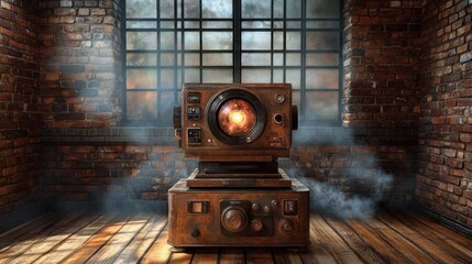 Poster - Steampunk device in a rustic brick room, emitting light and smoke.