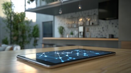 Fototapete - Tablet displaying network connections on a cafe table.