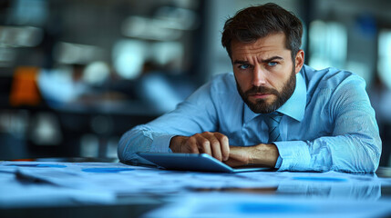 Aufkleber - Professional man analyzing data on tablet, surrounded by documents in modern office environment. His expression reflects concentration and determination