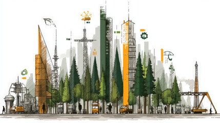 Aufkleber - This illustration depicts cityscape blending urban structures with nature, featuring skyscrapers and trees, symbolizing sustainable development and eco friendly urban planning