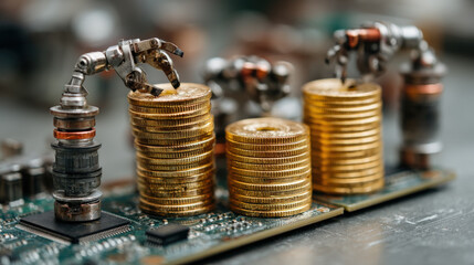 Poster - Stacks of gold coins are being manipulated by mechanical arms on circuit board, symbolizing intersection of finance and technology