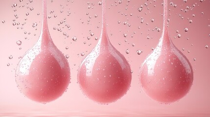 Poster - Three pink liquid drops suspended in air with bubbles.
