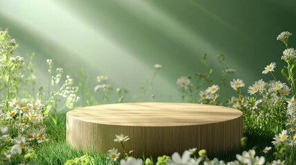 Poster - Wooden platform in a field of daisies, bathed in sunlight.