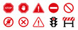 © Tiger pixel creation - Set of red warning and prohibition signs. Includes stop, hand, danger, no entry, traffic light, and barrier icons. Flat vector style for safety, traffic, construction, or alert use. icons, vector.