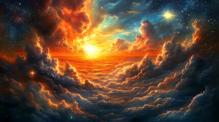 Wall Mural - A breathtaking celestial panorama of fiery clouds and starry skies.