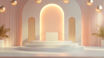 Aufkleber - Minimalist pastel stage with arch, podium, and golden spheres.