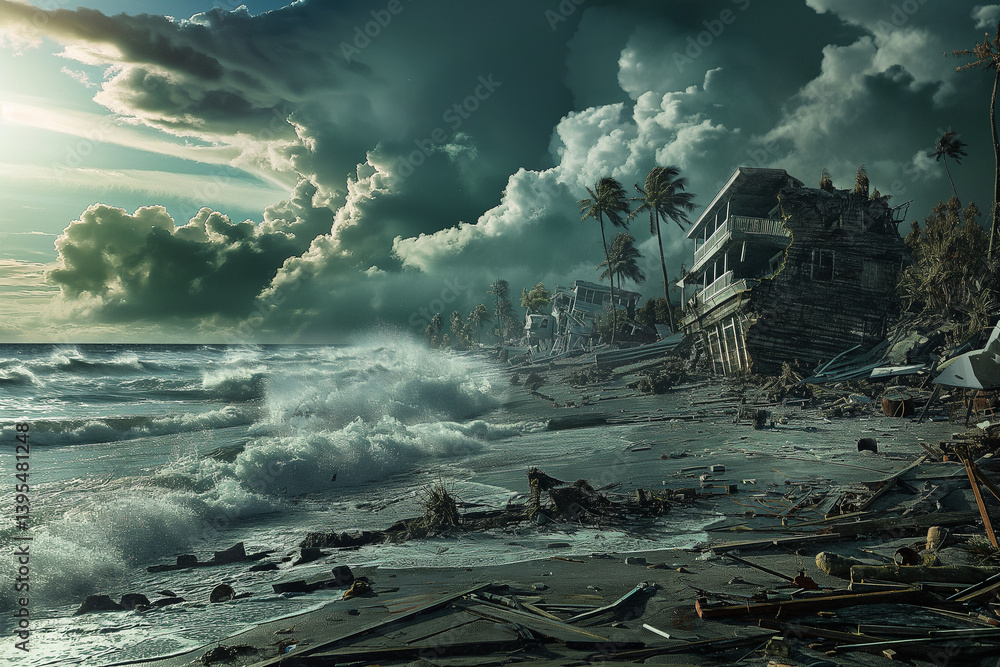 captures the devastating impact of a tsunami, likely caused by an ...