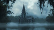 © Thiago - A sunken chapel in a swamp, its steeple barely visible above the mist. Sunken Spire. Illustration