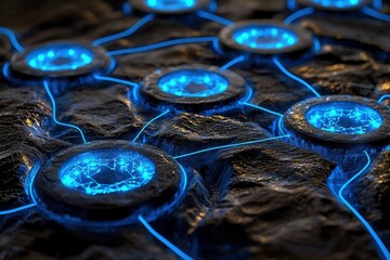 Wall Mural - futuristic network design with blue glowing circuit connections