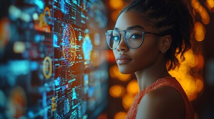 Woman looking at futuristic interface