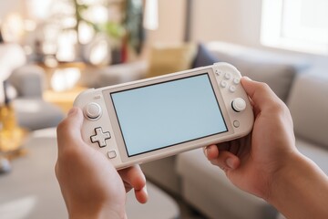 A pair of hands holds a sleek, modern handheld gaming console with a blank white screen, highlighting its potential for immersive digital experiences. The console features ergonomic joysticks and res