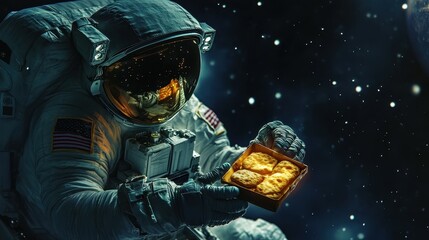 Wall Mural - an astronaut floating in space is holding some food items