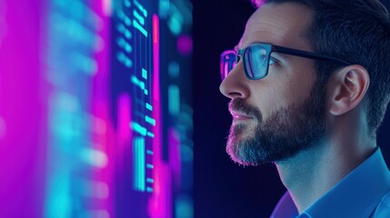 A man intently studies a glowing digital display with data, immersed in the technology.