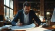 © diiinn - An architect in a suit studies blueprints on a desk in a modern office.