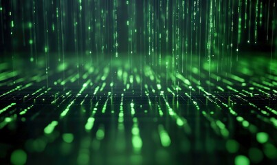 Bright green binary code data streams falling, creating a digital matrix effect and a futuristic aesthetic.