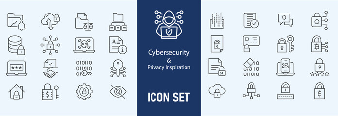 Cybersecurity icons set with firewall, data encryption, password protection, phishing attack, two factor authentication, cyber threat, 