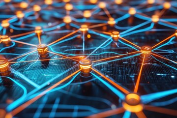 Wall Mural - futuristic abstract network with bright blue and orange connections