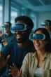 © Lustre Art Group  - Group of people wearing VR headsets in a room, depicting escape from global crisis through virtual reality.