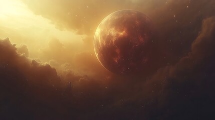 Wall Mural - A fiery planet bathed in golden light in a nebula.