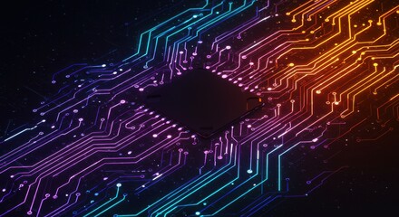 Abstract digital circuit design featuring a central processor on a vibrant background