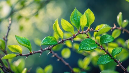 Poster - Vibrant Spring Green Leaves on Branches - Nature Detailed View of Budding Twigs